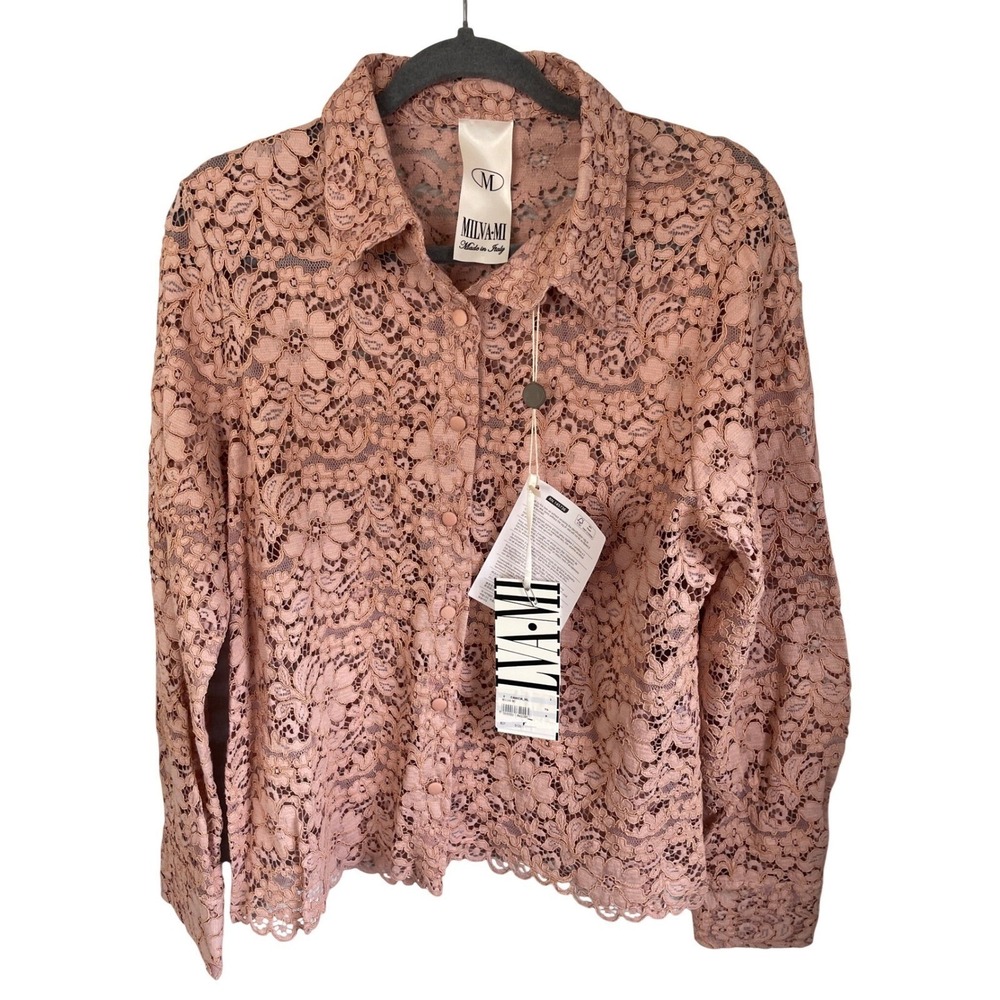 NWT Milva-Mi Italy Dusty Rose Floral Guipure Lace Button Down Blouse IT 46 US L